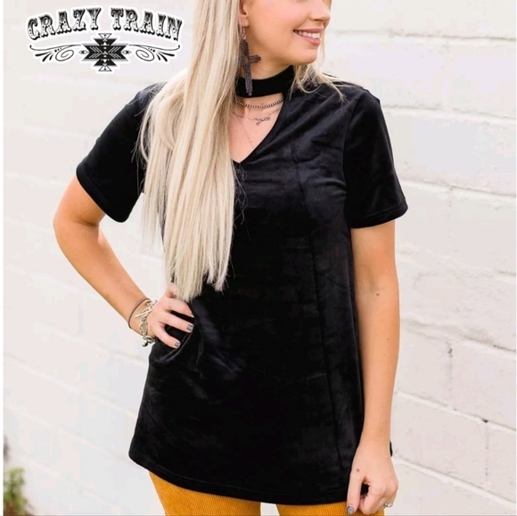 NWT Crazy Train black velvet cutout collar vneck aline flowy oversized tshirt - Picture 1 of 10